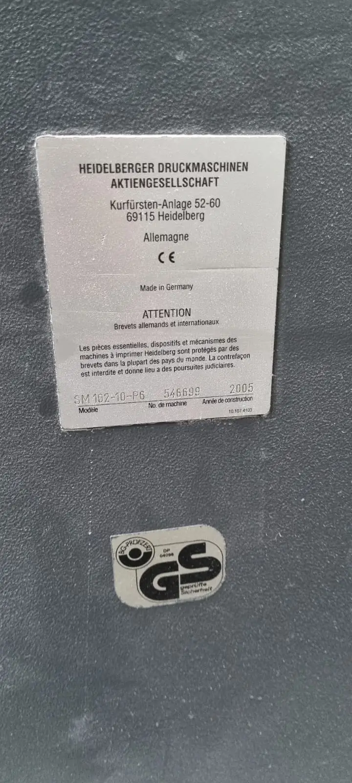 Heidelberg SM102-10 P 2005 ref.19011386