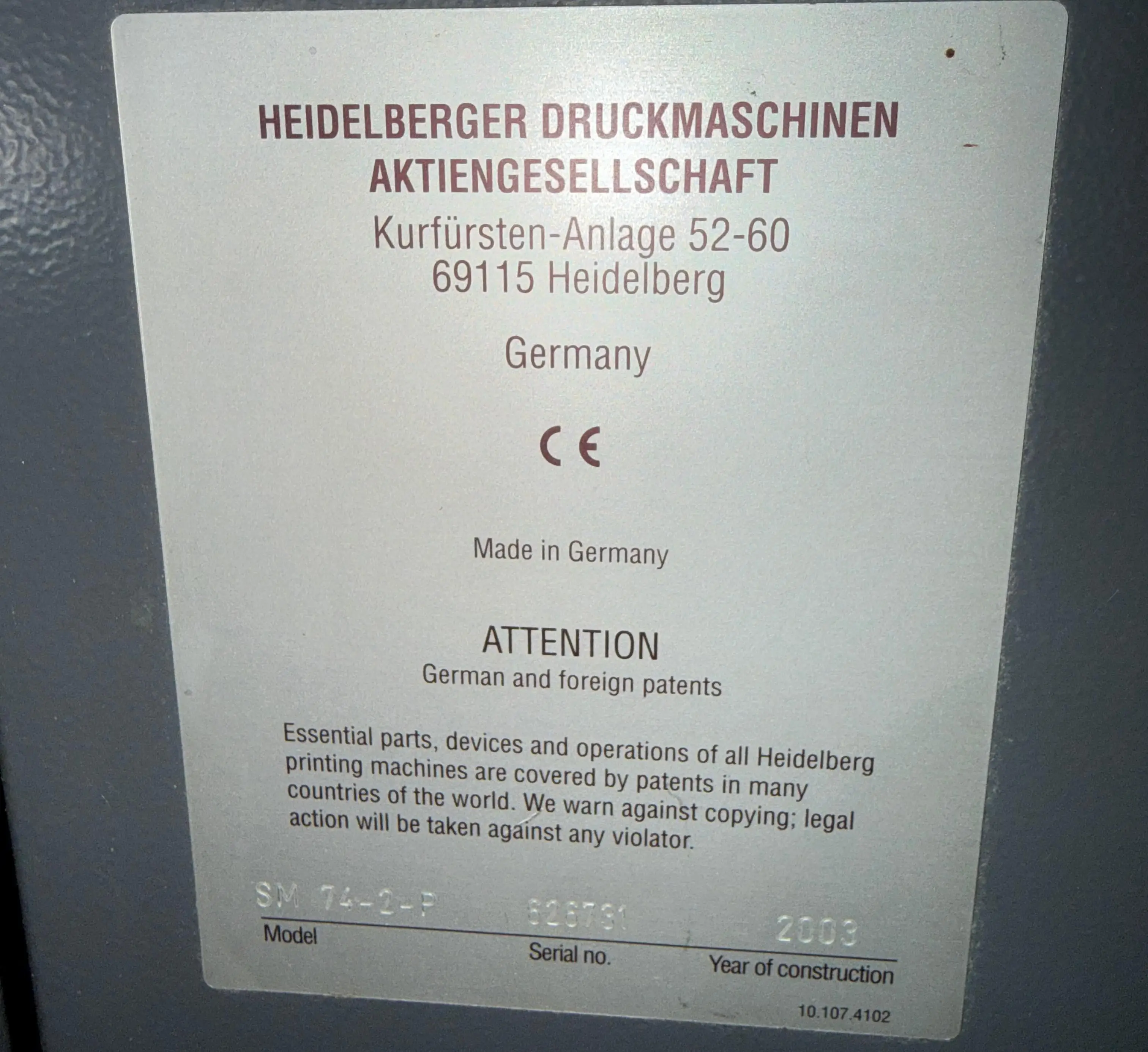 Heidelberg SM74-2  P 2003 ref.26036666